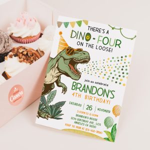 Alternative view of Dino Four 4th Birthday Invitation, Editable T-Rex Dinosaur Birthday Party Invite, Canva Template 5x7 Printable (Digital Download)