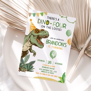 Dino Four 4th Birthday Invitation, Editable T-Rex Dinosaur Birthday Party Invite, Canva Template 5x7 Printable (Digital Download)